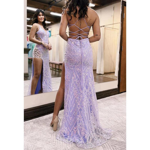 Robe de soirée à bretelles spaghetti et col en V avec appliques en dentelle et fente latérale 