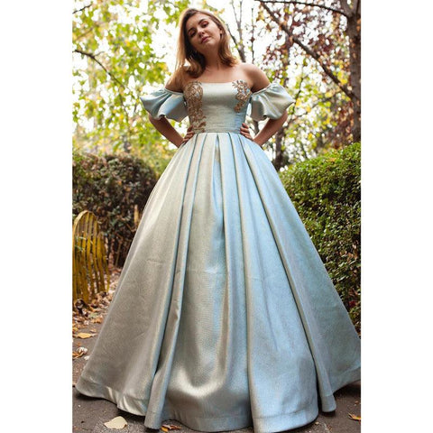 Unique Strapless Short Sleeves Beads Long Prom Ball Gown