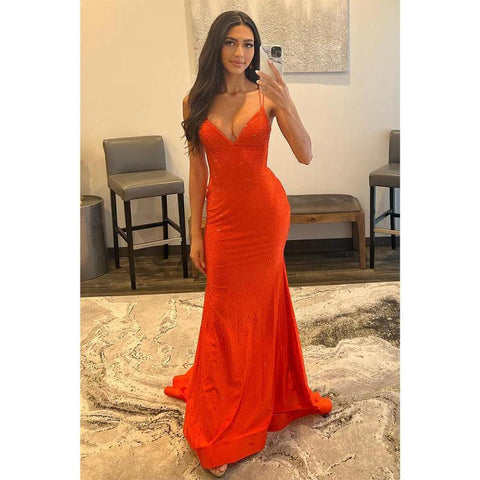 Robe de bal sirène scintillante à bretelles spaghetti et col en V 