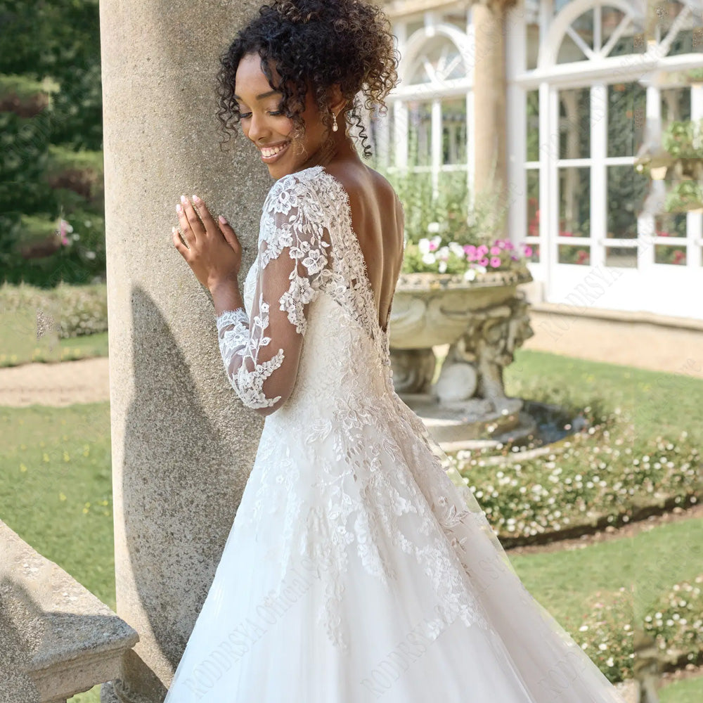Civil Wedding Dresses For 2024 Bride Long Sleeves Backless Scoop Bride Gowns A-Line Lace Applique vestido de noiva