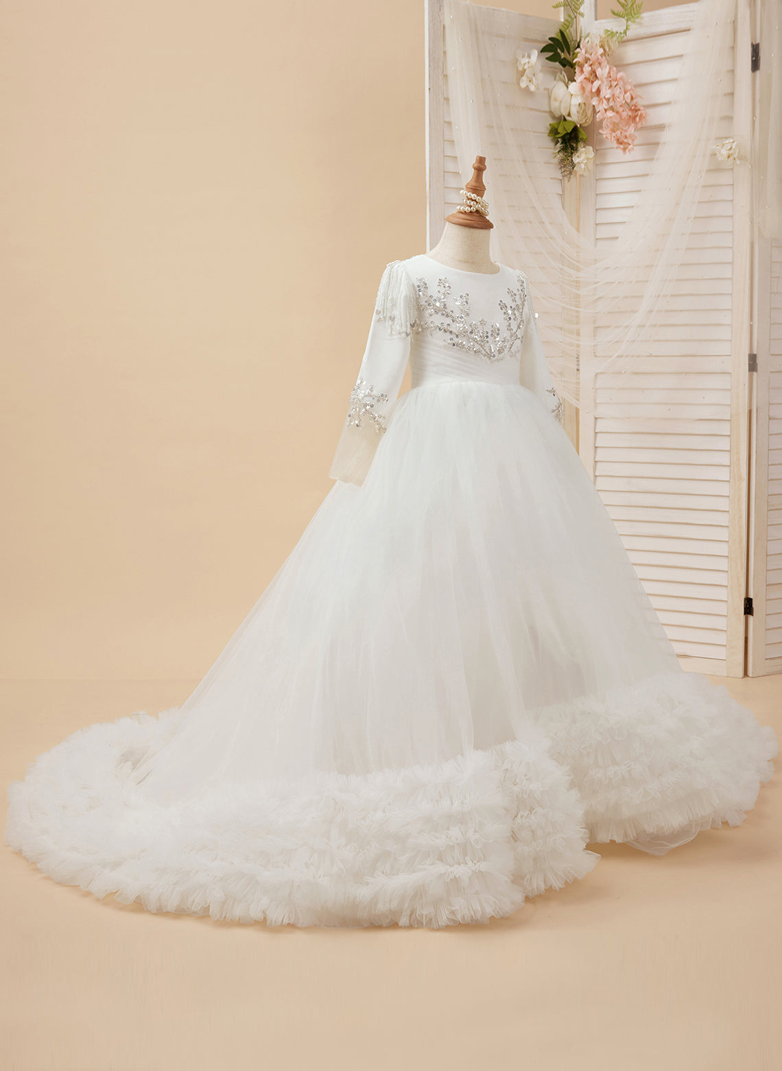 Vestido blanco de niña de las flores para la Primera Comunión, corte en A, satén y tul con cola de corte 
