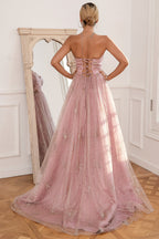 Robe de bal longue rose poudré à paillettes avec fente