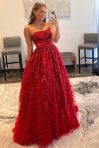 Vestido largo de fiesta rojo sin tirantes de corte A
