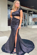Robe de bal longue sirène à une épaule et sequins noirs découpés
