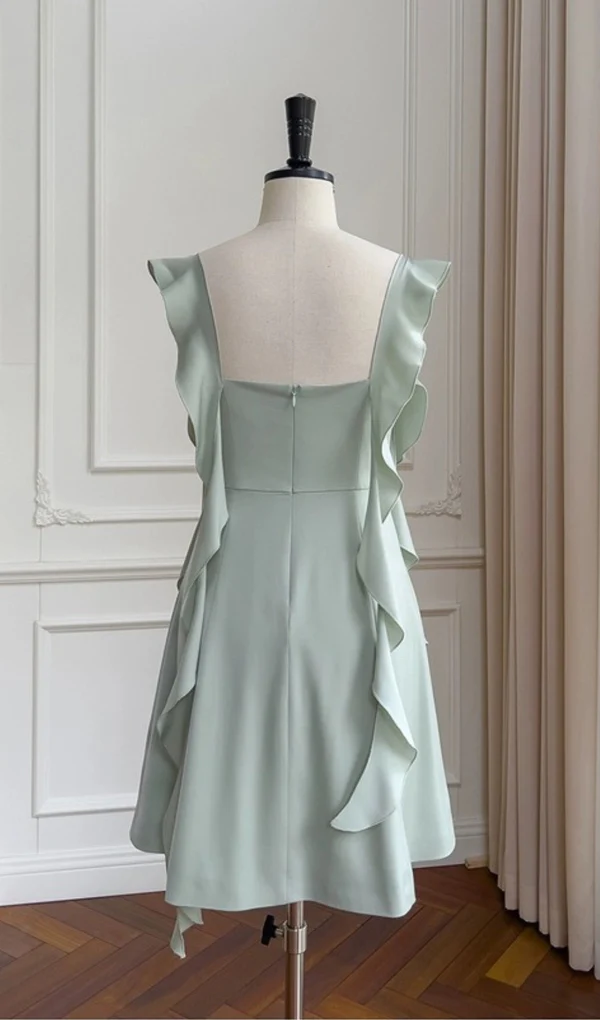 Vestido de fiesta de graduación corto de satén verde estilo línea A Y7574