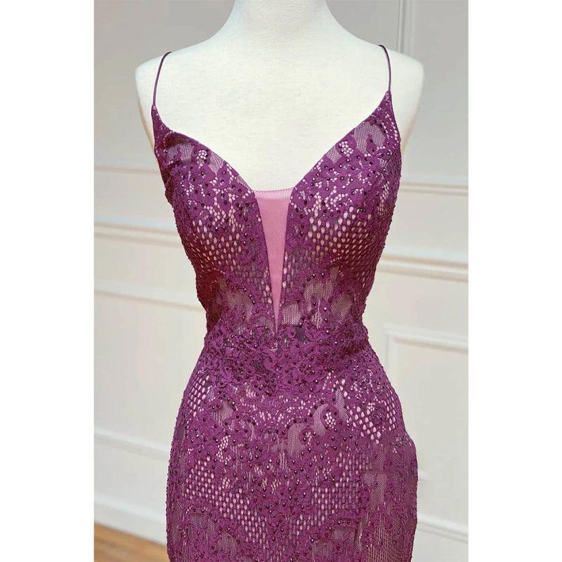 Vestido de fiesta largo con tirantes finos, encaje y cuentas, estilo tubo/columna, para noche formal 