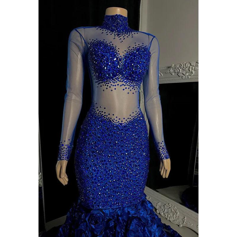 Vestido de fiesta de tul con mangas largas, cuello alto, lentejuelas y cuentas, corte trompeta/sirena