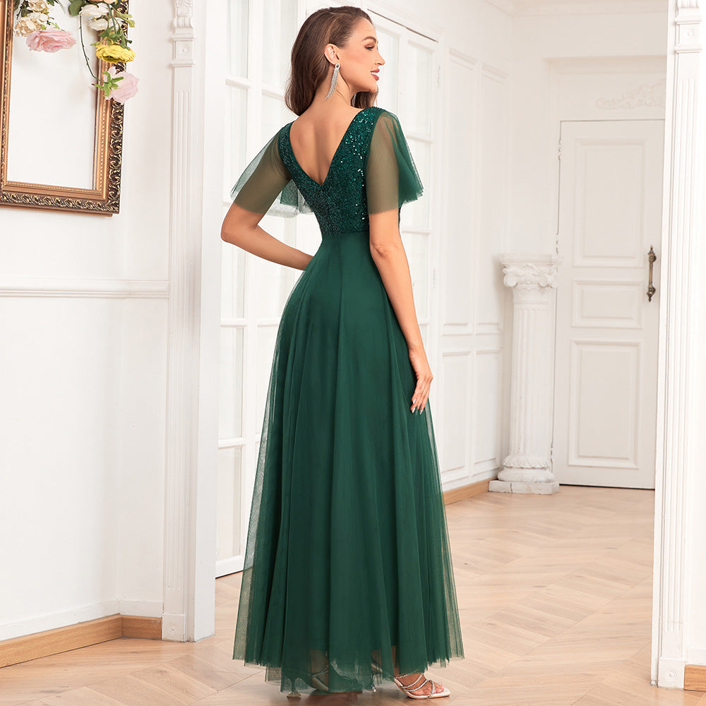 Short Sleeve Evening Dress Double V Neck Sequ Embroidery Stitching Long Party Dress Elegant A Line Tulle Dress