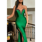 Vestido de noche ajustado para fiesta de graduación, sin tirantes, con cuentas y abertura lateral 