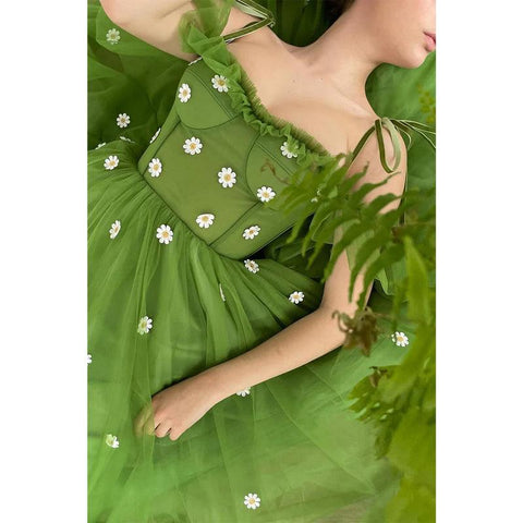 Spaghetti Straps Green Tulle Appliques Vintage Formal Evening Dress
