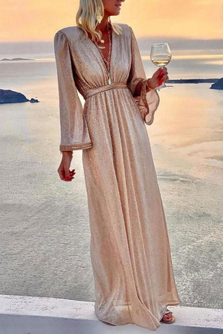 Robe de soirée élégante à empiècements unis et col en V plissé (4 couleurs) 