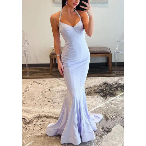 V-neck Halter Trumpet Pleats Beaded Party Prom Evening Dress