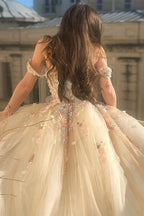 Precioso vestido de fiesta con hombros descubiertos, encaje floral color champán, vestido largo de noche formal color champán con flores 3D, vestido de gala color champán S20716