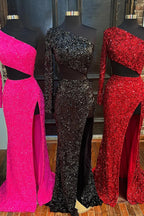 Sheath One Shoulder Blue Sequins Long Prom Dress with Cut Out