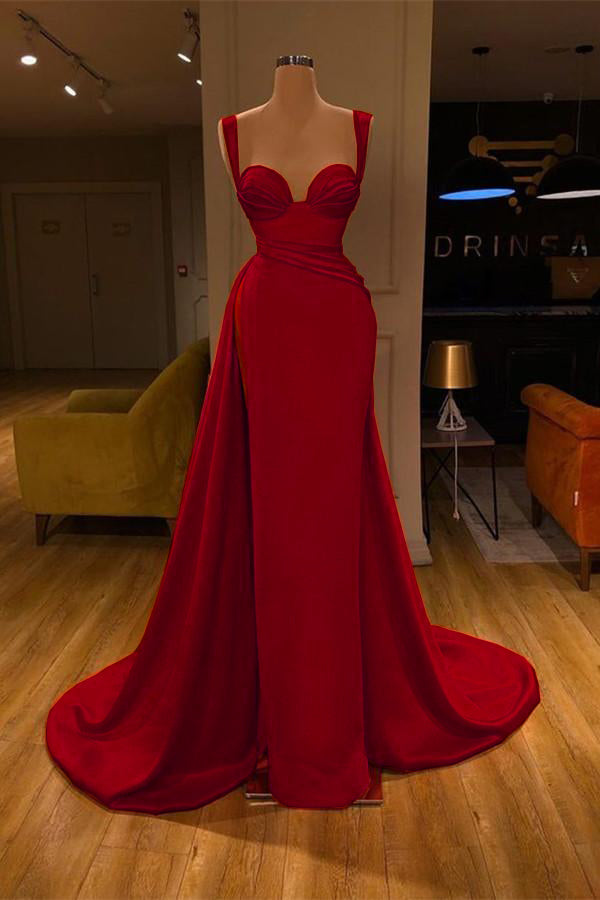 Impresionantes vestidos largos de sirena de satén con escote corazón y abertura alta para graduación.
