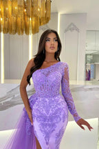 Lilac One Shoulder Long Sleeves Evening Dress Lace Appliques With Slit