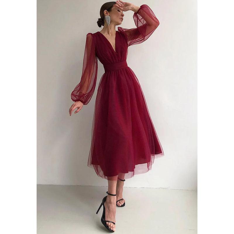 Vestido largo sexy de manga larga con cuello en V para cumpleaños 