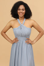 Robe de demoiselle d'honneur longue convertible en mousseline grise et bleue