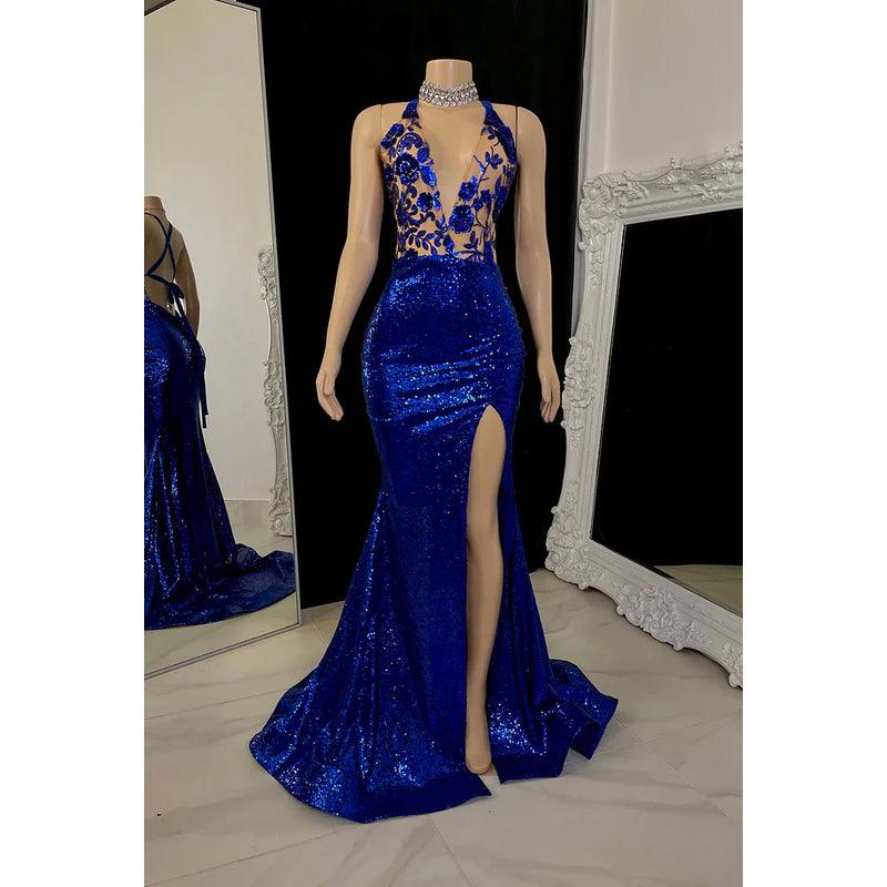 Superbe et charmante robe de soirée sirène à col en V et sans manches avec fente et paillettes