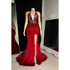 Robe de bal fourreau/colonne à col en V et appliques en satin dos nu sans manches