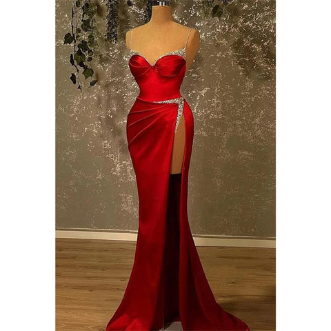 Sweetheart Straps Beaded Red Satin Long Prom Dress with Split Evening Gowns