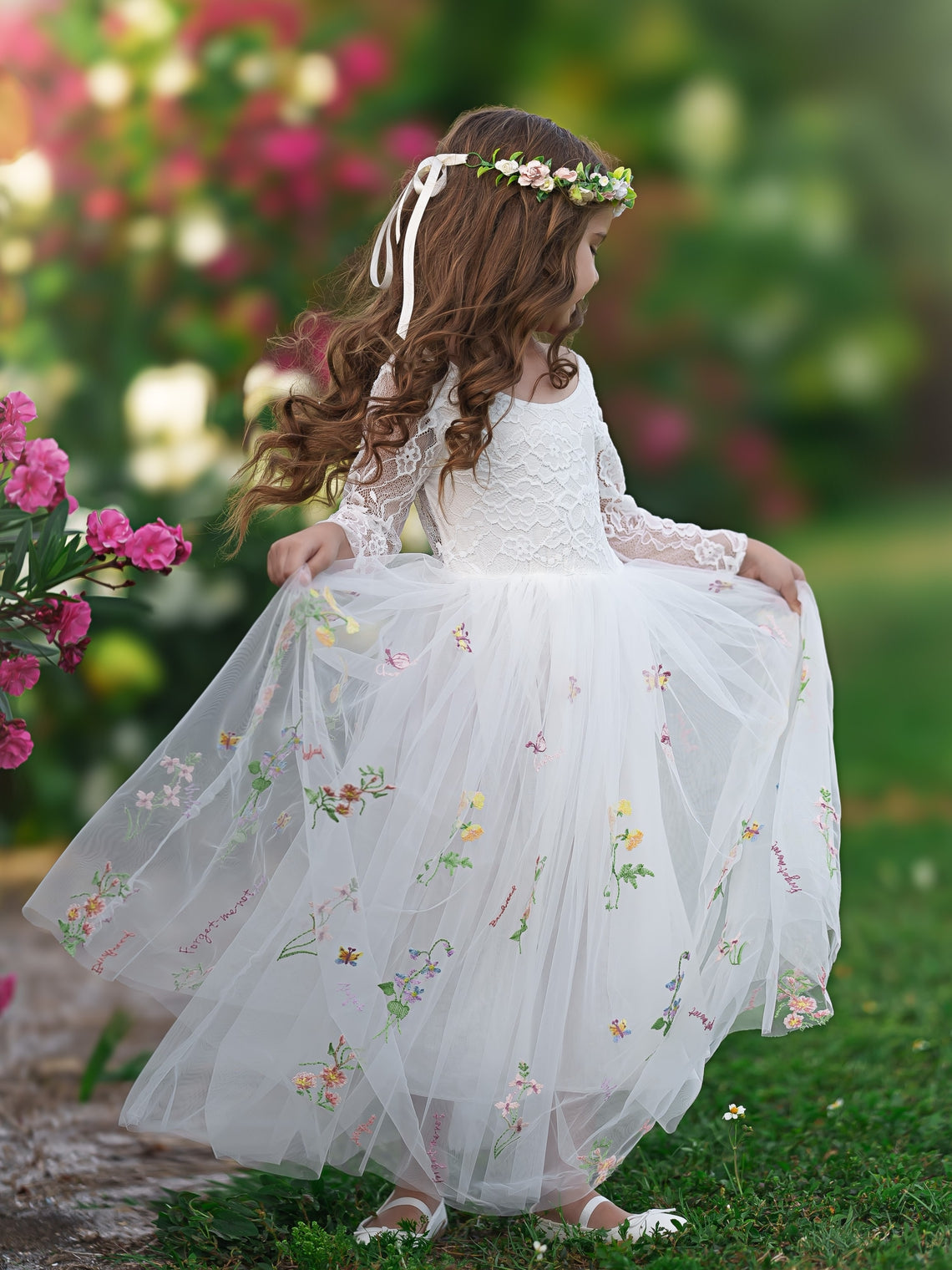 Vestido de niña de las flores de jardín, de tul bordado con encaje floral, corte en A y largo hasta el suelo 