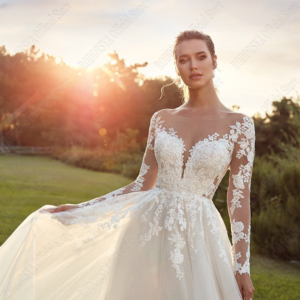 Robes de mariée Pastrol pour femme, manches longues, dos illusion, décolleté rond, appliques, coupe trapèze, tulle, vestidos de novia 