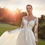Robes de mariée Pastrol pour femme, manches longues, dos illusion, décolleté rond, appliques, coupe trapèze, tulle, vestidos de novia 