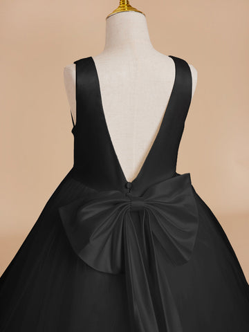 Vestido clásico blanco de corte A sin mangas para niña de las flores, de satén y tul 