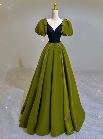 Robe de bal sexy verte en satin, col en V, manches bouffantes, robe de soirée Y7600