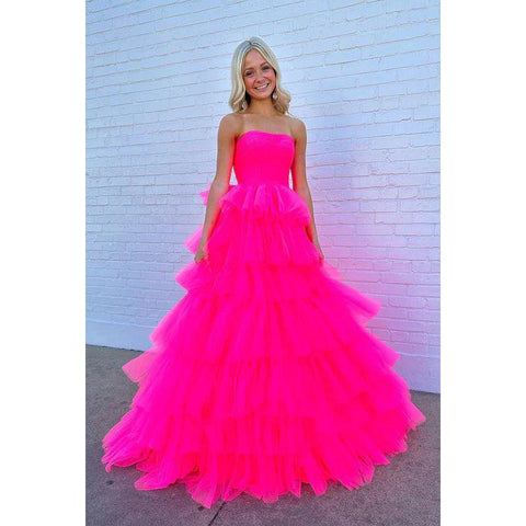 Robe de bal longue en tulle rose vif sans bretelles