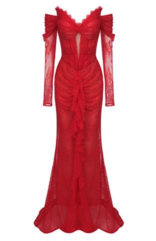 Precioso vestido de noche rojo plisado de encaje, elegante vestido de graduación Y7694