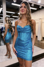 Bling Bodycon Spaghetti Straps Fuchsia Sequins Corset Homecoming Dress