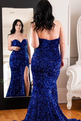 Mermaid Sweetheart Royal Blue Sequins Plus Size Prom Dress with Split Front