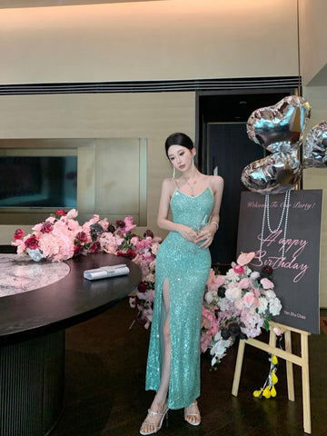Green Sequin High-Slit Evening Dress – Elegant Party & Formal Gown