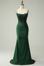 Mermaid Spaghetti Straps Dark Green Long Prom Dress with Appliques