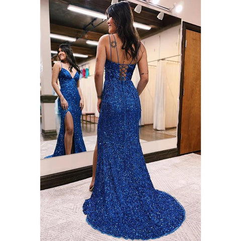 Robe de bal sexy à paillettes et col en V avec fente