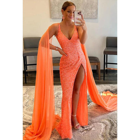 Vestido formal de noche con escote en V, lentejuelas, abertura, sin mangas y corte tubo/columna