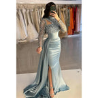 Vestido de noche de fiesta con cuello alto, mangas largas y lentejuelas, corte tubo/columna 