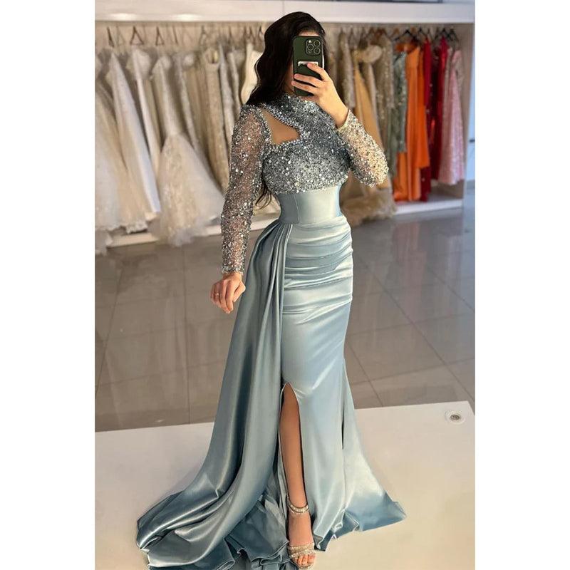 Vestido de noche de fiesta con cuello alto, mangas largas y lentejuelas, corte tubo/columna 