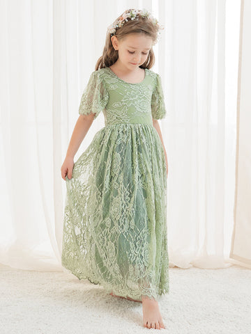 A-line Lace Ankle-length Ivory Boho Flower Girl Dress
