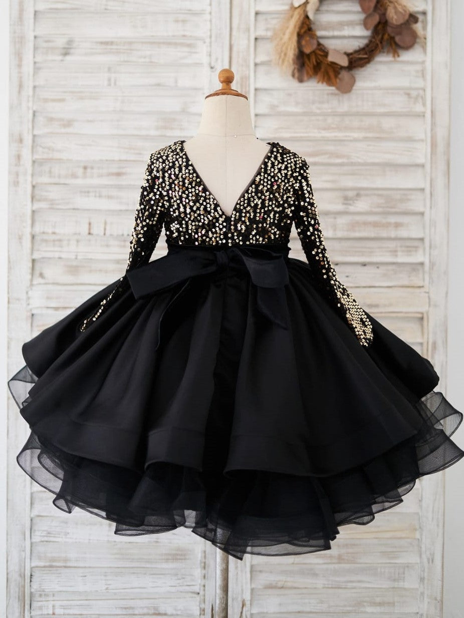 Vestido de fiesta negro para niña con lentejuelas hasta la rodilla 