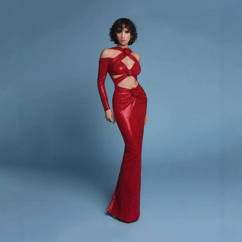 Floral Cutout Backless Sequin Prom Dress