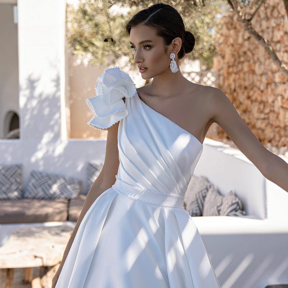 Elegant A-Line One Shoulder Stain Wedding Dress Beading Sleeveless Bridal Gowns For Women Custom Made Vestido De Novia