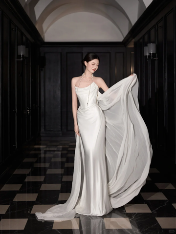 Classy White Satin Chiffon Mermaid Prom Dress,Strapless Long Wedding Dress Y8591