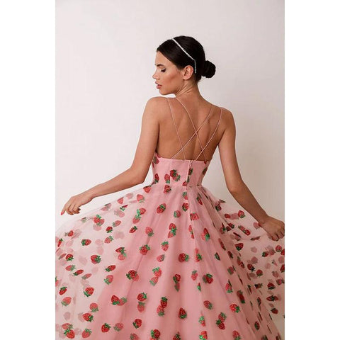 Sweetheart Strawberry Print Tulle A-Line Long Prom Evening Formal Dress
