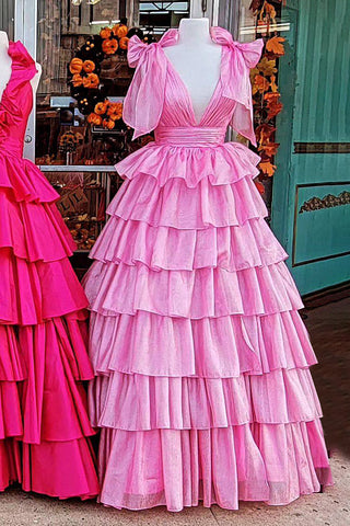 Princess A Line Deep V Neck Long Prom Dress with Ruffles