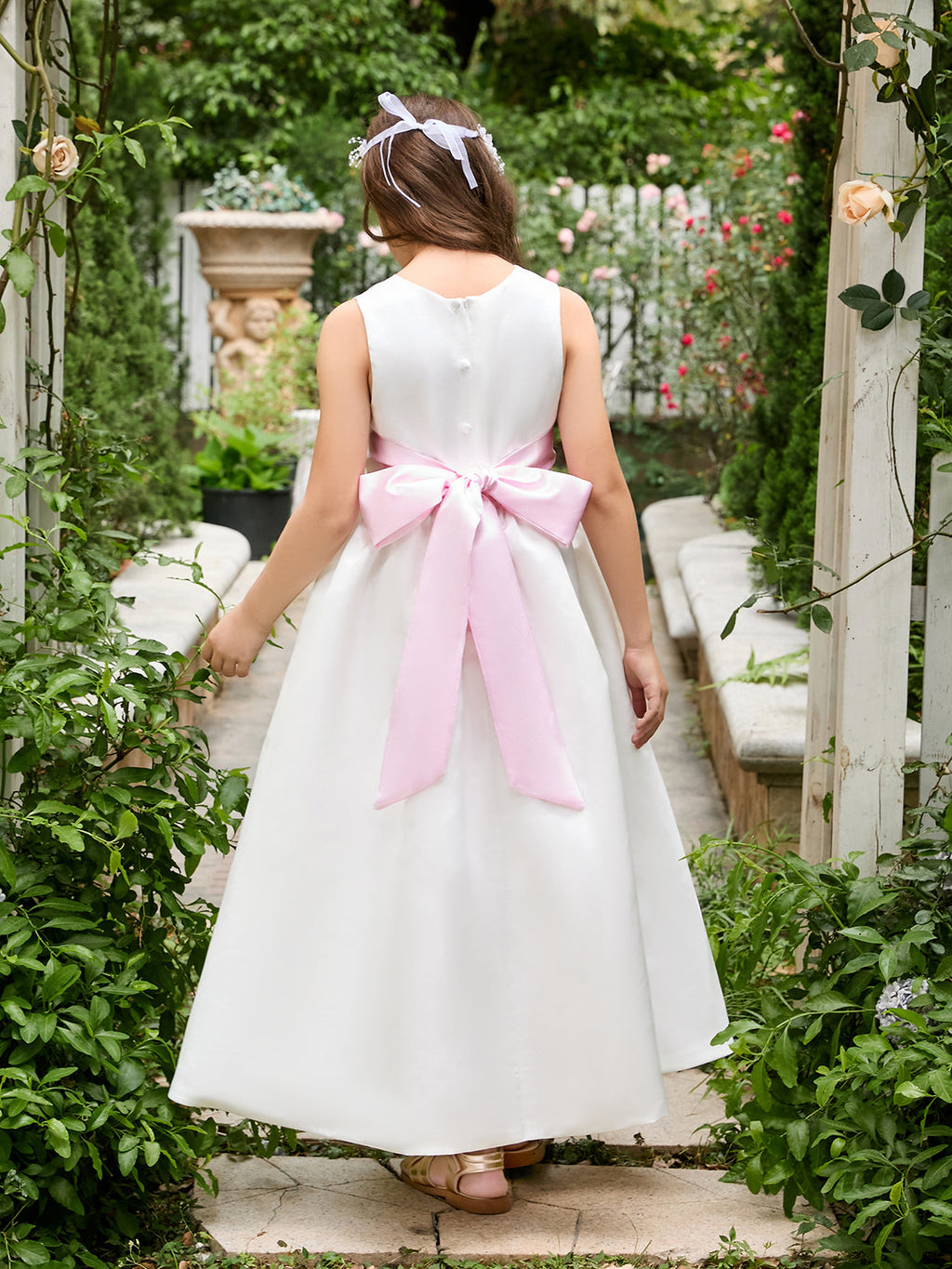 Vestido de novia de satén color marfil con lazo | Vestido de tul hasta el tobillo (010007314) 