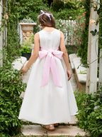 Vestido de novia de satén color marfil con lazo | Vestido de tul hasta el tobillo (010007314) 
