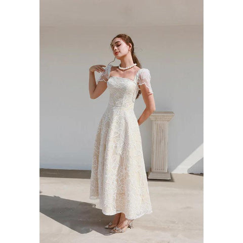 Robe de soirée trapèze en tulle imprimé, col carré, manches courtes, longueur thé